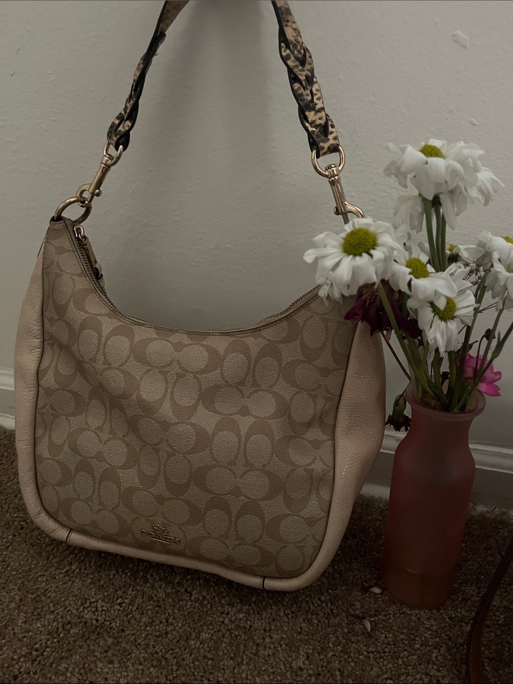 Coach Beige Signature Canvas Shoulder Bag with Cream Trim